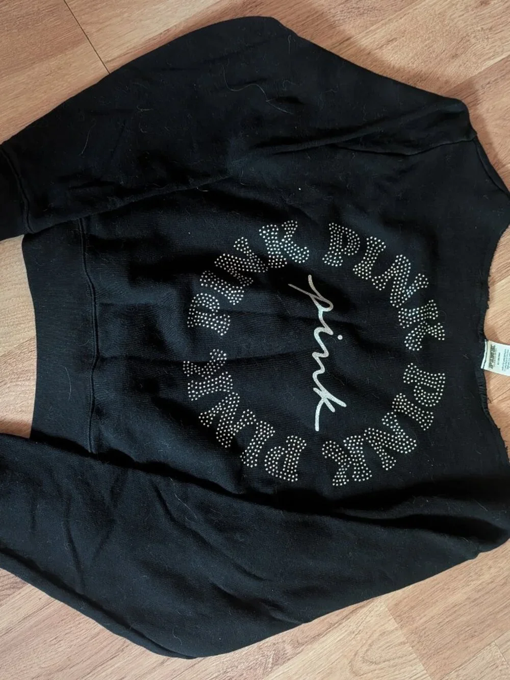 PINK Victoria's Secret Bling Sweatshirt Size M Black Rhinestone Raw Edge Crew - Picture 1 of 5